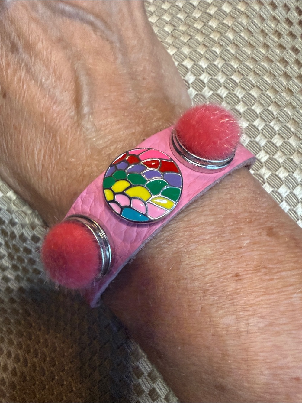 Snap Pink Leather Bracelet with Multicolor Enamel Charm and Pom Pom Snaps